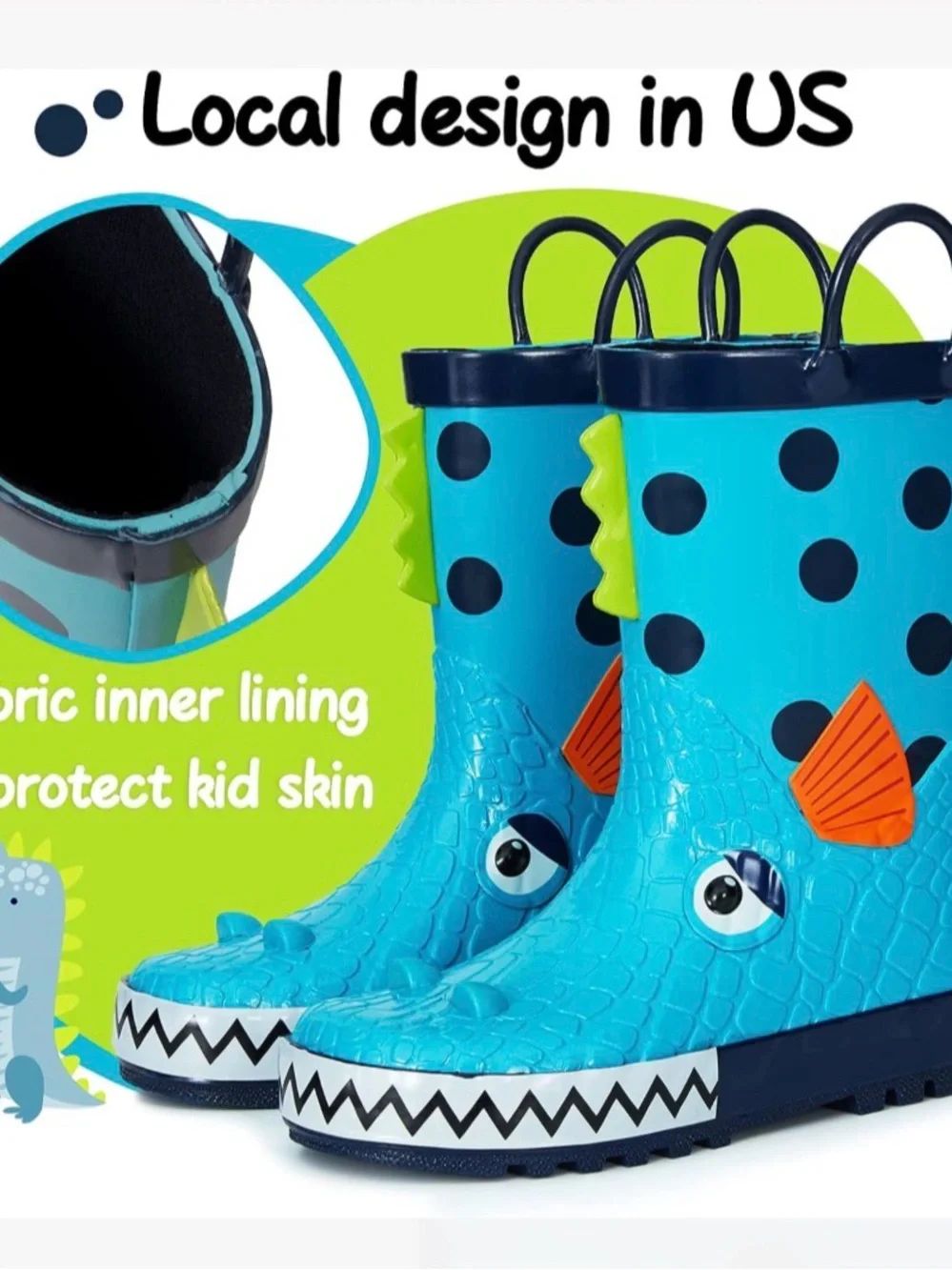 Kushyshoo Rubber Big Kids Rain Boots Piranha 3D Cartoon Rain Boots! Size 1